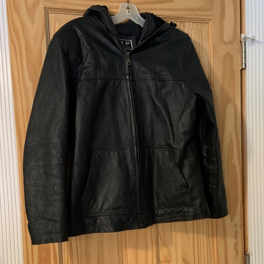 Black Hooded Leather Jacket size M